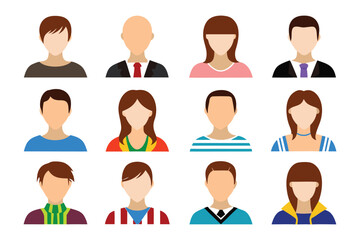 Diverse Faces: A collection of vector portraits showcasing diversity, each representing a unique individual, capturing a variety of hairstyles, clothing styles, and facial features.