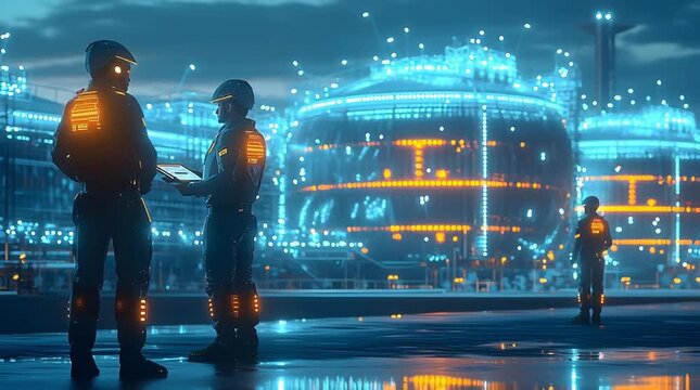 Futuristic scene showcasing advanced technology with glowing elements and workers in a modern environment.