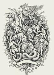 Intricate gothic illustration of mythical beasts, demons, and hybrid creatures entwined in thorns, surrounding a shattered wheel and blank scroll.