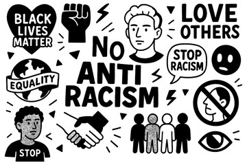 Anti-racism and equality protest icons in bold hand-drawn style, Transparent Background