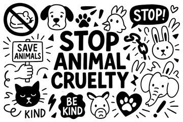 Animal rights and anti-cruelty symbols in bold hand-drawn style, Transparent Background