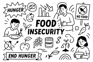 Food insecurity illustration set with emotional characters, empty food elements, and hunger crisis symbols, Transparent Background