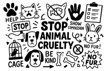 Animal rights and anti-cruelty symbols in bold hand-drawn style, Transparent Background