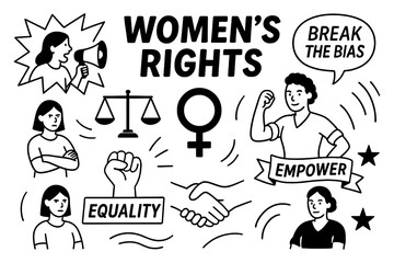 Gender equality doodle icon set with symbols, scales, characters, and empowering elements in sketch style, Transparent Background