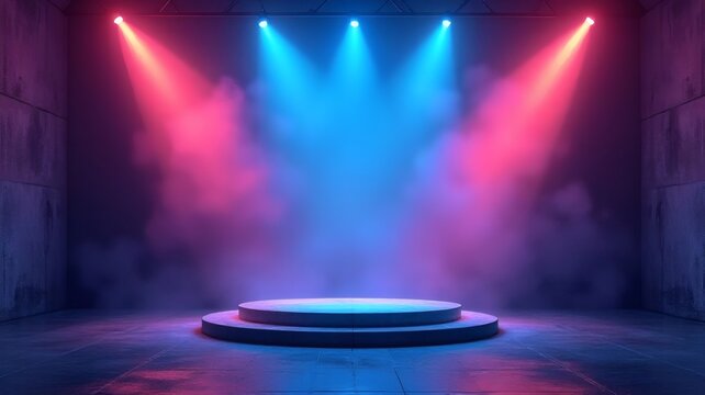 Neon Sci-Fi Podium Stage with Fluorescent Lights in Concrete Room for Flash Sale Promotion