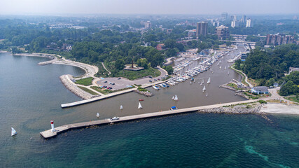 Aerial view of Port of Oakville harbour and marina.