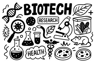 Biology and biotech science icons with lab equipment and DNA sketch, Transparent Background
