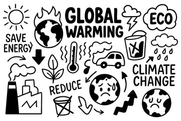 Global warming and climate change icons in expressive hand-drawn style, Transparent Background