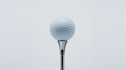 Golf ball standing on a tee on white background