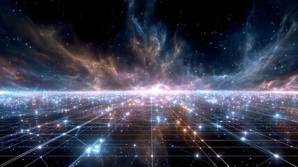 Obraz premium Glowing network grid spanning cosmic space with bright data nodes, luminous clouds, and distant star points, creating a futuristic abstract background.