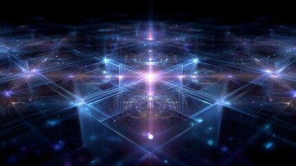 Obraz premium Abstract fractal grid of glowing nodes in blue, cyan, and indigo hues forming symmetrical patterns on a dark background, suitable for technology and digital network concepts.