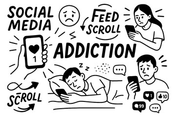 Social media addiction and screen time icons in hand-drawn cartoon style, Transparent Background