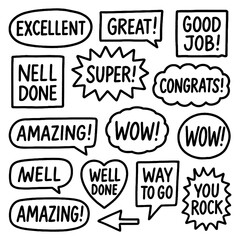 Hand-drawn comic-style positive words and speech bubbles, Transparent Background