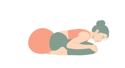 Calm woman in a restorative yoga pose, curled forward with a large orange stability ball. Minimalist vector illustration.