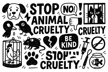 Animal rights and anti-cruelty symbols in bold hand-drawn style, Transparent Background