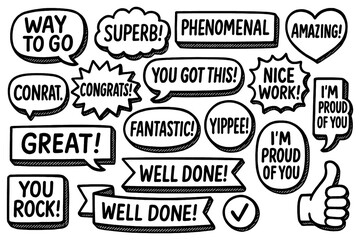 Encouraging words and praise speech bubble doodles in hand-drawn black outline, Transparent Background