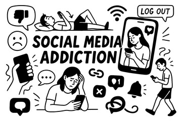 Social media addiction with phone overuse and emotional impact icons, Transparent Background