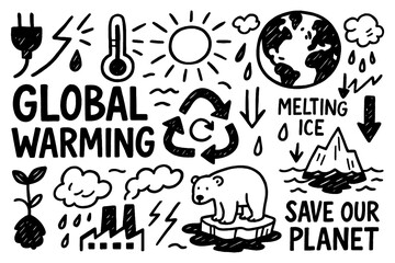 Global warming and climate crisis icons with polar bear and melting ice, Transparent Background