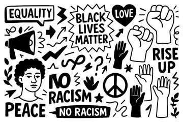 Anti-racism protest icons with raised fists and peace symbols, Transparent Background