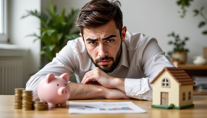 Bearded man appears troubled while analyzing finances at home office indoor setting close-up view financial stress