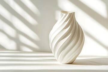 Stylish White Vase with Swirls on White Background with Shadow Lines