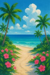 Fototapeta premium Idyllic tropical beach path leading to a beautiful blue ocean with pink hibiscus flowers and palm trees under a sunny sky