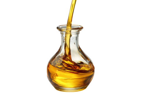 Golden liquid pouring into glass flask amber yellow, Isolated, Transparent Png
