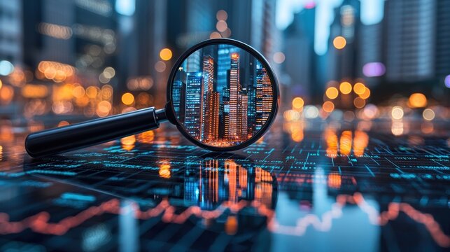 Magnifying glass focused on city skyline through digital data