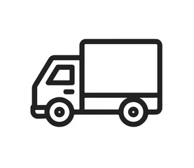 A simple flat line icon of a delivery truck. Minimalistic black outline illustration suitable for web design, apps, logistics graphics, shipping symbols, or transportation infographics.
