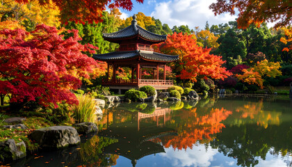 Autumnal Japanese Garden with Red Maple Leaves and Pagoda Reflection