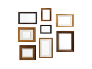 Assortment of wooden and dark framed picture frames displayed against a black background image, Isolated, Transparent Png