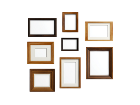 Assortment of wooden and dark framed picture frames displayed against a black background image, Isolated, Transparent Png