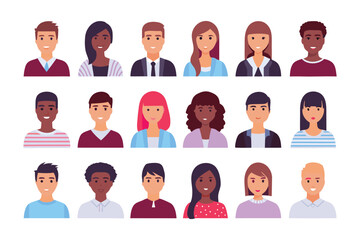 Diverse Avatar Collection: A collection of stylized avatars showcases a diverse range of individuals, each with unique hairstyles, expressions, and skin tones.