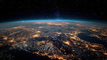 Obraz premium A stunning night view of Earth from space showcasing illuminated cities, the atmosphere, and a star-filled sky above.