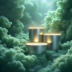 green background with lighted podiums and smoke 