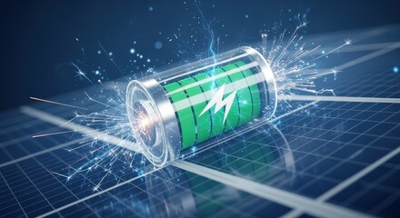 Electric battery charging on a solar panel, symbolizing sustainable energy generation and storage, promoting renewable energy sources and eco friendly practices for a greener future
