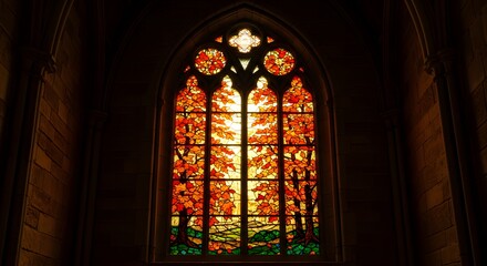 Fototapeta premium Gothic Stained Glass Window Depicting Autumn Forest with Vibrant Foliage