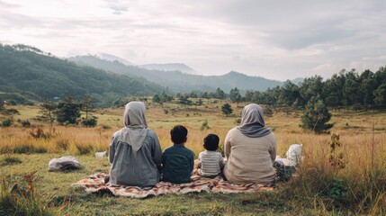Family picnicking in a meadow, mountains backdrop