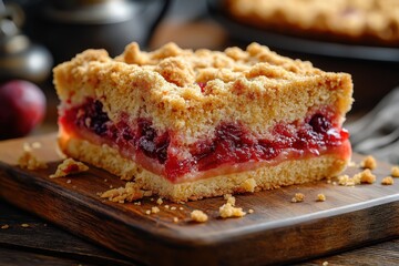 Streuselkuchen slice lifted as golden crumbs scatter on wooden bakery board