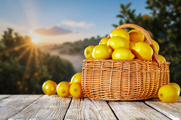 Fresh yellow lemons on rustic wooden table with blurred citrus orchard in background – concept of...