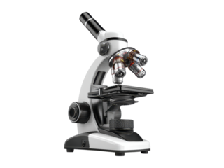 White laboratory microscope with multiple lenses and black accents scientific research, Isolated, Transparent Png