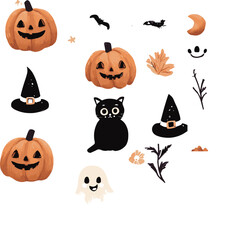 This image is a fun and spooky vector set of Halloween icons, featuring cartoon monsters, a witch's hat, black cats, and autumn pumpkins, perfect for October holiday designs