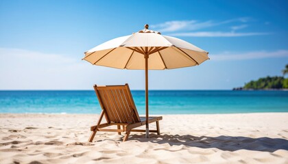 Empty Beach Chair Under Umbrella On Tropical Coast