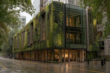 Urban Vertical Garden Drapes Office Building with Glass and Greenery
