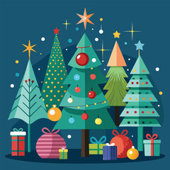 Obraz premium Christmas tree and gifts with snowflakes, a festive winter holiday decoration illustration