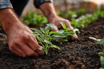 Close-up of caring hands planting vegetable seedlings in rich sunlit soil