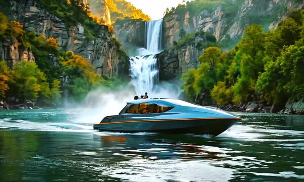 A modern, sleek speed boat navigating through a picturesque river with a cascading waterfall in the background, surrounded by lush greenery.