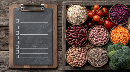 Assortment of healthy ingredients with a blank checklist for meal planning