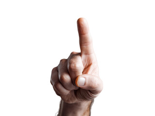 Human hand index finger pointing upwards against black background gesture, Isolated, Transparent Png