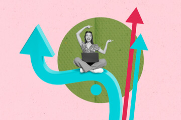 Collage of successful person near large rising arrow or stats symbolizing financial growth business...